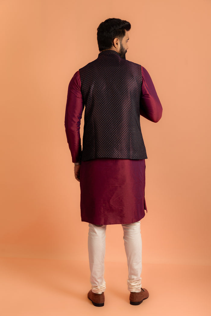 Wine Silk Blend Woven Nehru Jacket Bundi
