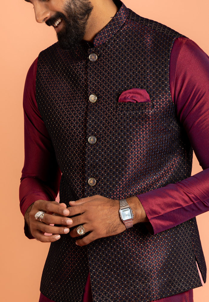 Wine Silk Blend Woven Nehru Jacket Bundi