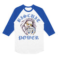 A white and blue raglan shirt by Gorilla Biscuits featuring a fierce lion holding a biscuit with a face, and “BISCUIT POWER” in blue stylized text above and below the lion.