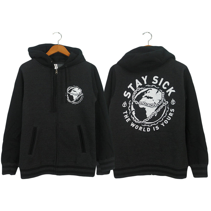 Stay Sick Clothing black varsity zip-up hoodie features a white globe graphic on the front left chest and a larger version on the back with “STAY SICK” and “THE WORLD IS YOURS.” Displayed on wooden hangers.