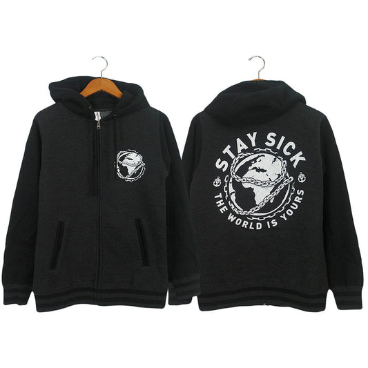 Stay Sick Clothing black varsity zip-up hoodie features a white globe graphic on the front left chest and a larger version on the back with “STAY SICK” and “THE WORLD IS YOURS.” Displayed on wooden hangers.
