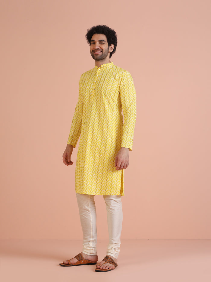 Yellow Cotton Blend Kurta Set with Geometric Woven Pattern and Cream Churidar for Festive & Wedding Ensemble