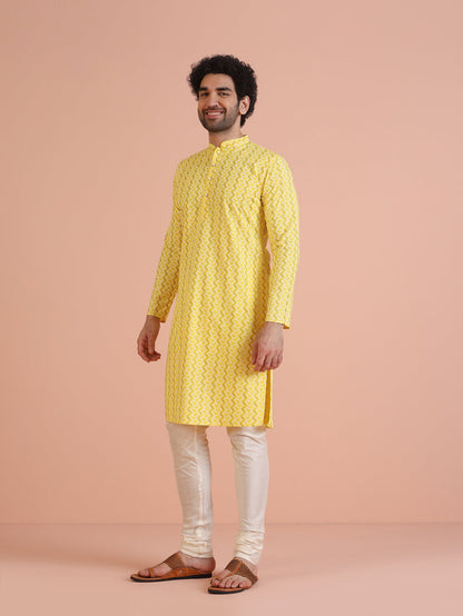 Yellow Cotton Blend Kurta Set with Geometric Woven Pattern and Cream Churidar for Festive & Wedding Ensemble