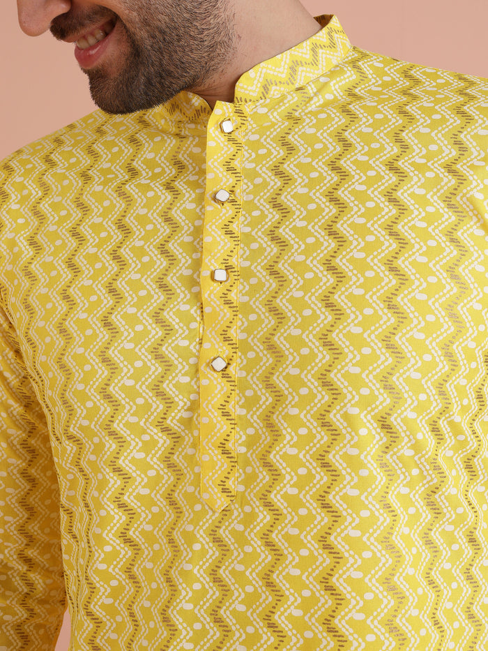 Yellow Cotton Blend Kurta Set with Geometric Woven Pattern and Cream Churidar for Festive & Wedding Ensemble