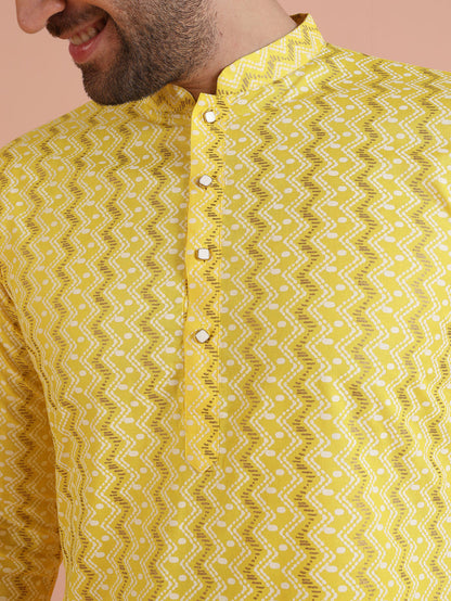 Yellow Cotton Blend Kurta Set with Geometric Woven Pattern and Cream Churidar for Festive & Wedding Ensemble