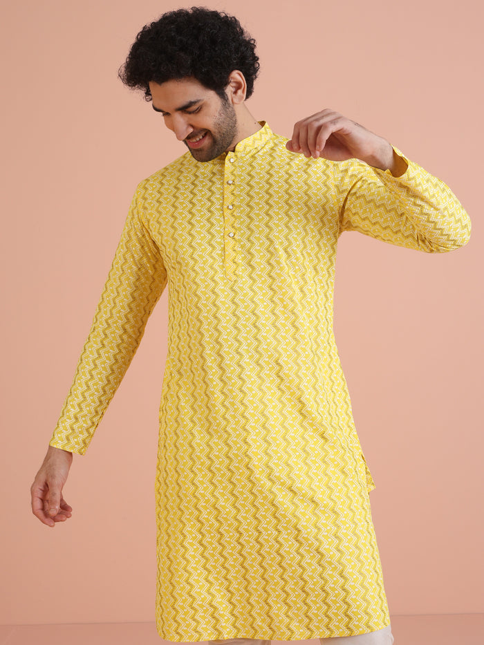 Yellow Cotton Blend Kurta Set with Geometric Woven Pattern and Cream Churidar for Festive & Wedding Ensemble