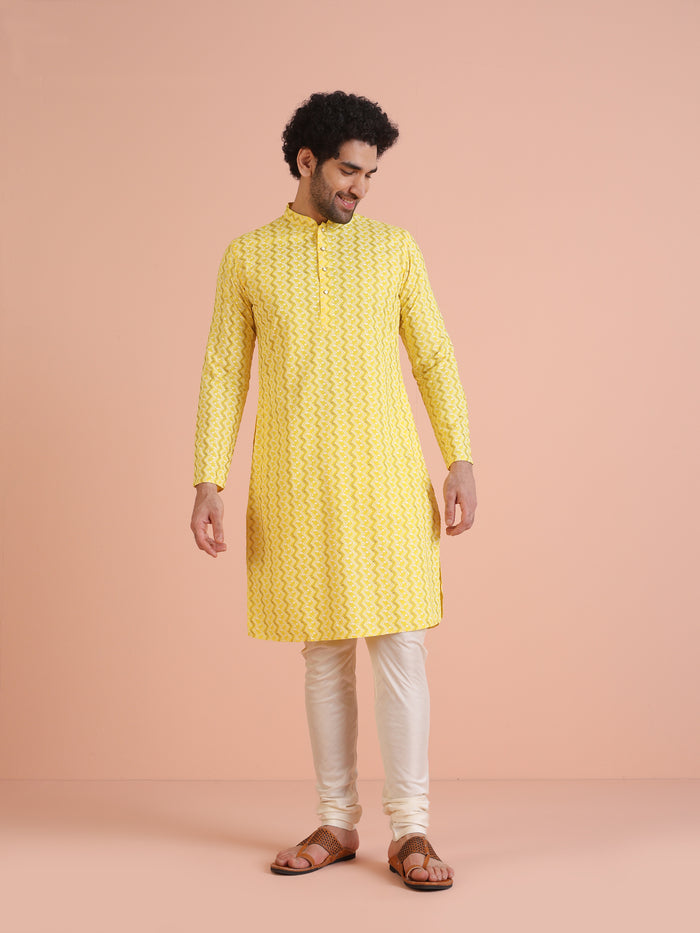 Yellow Cotton Blend Kurta Set with Geometric Woven Pattern and Cream Churidar for Festive & Wedding Ensemble