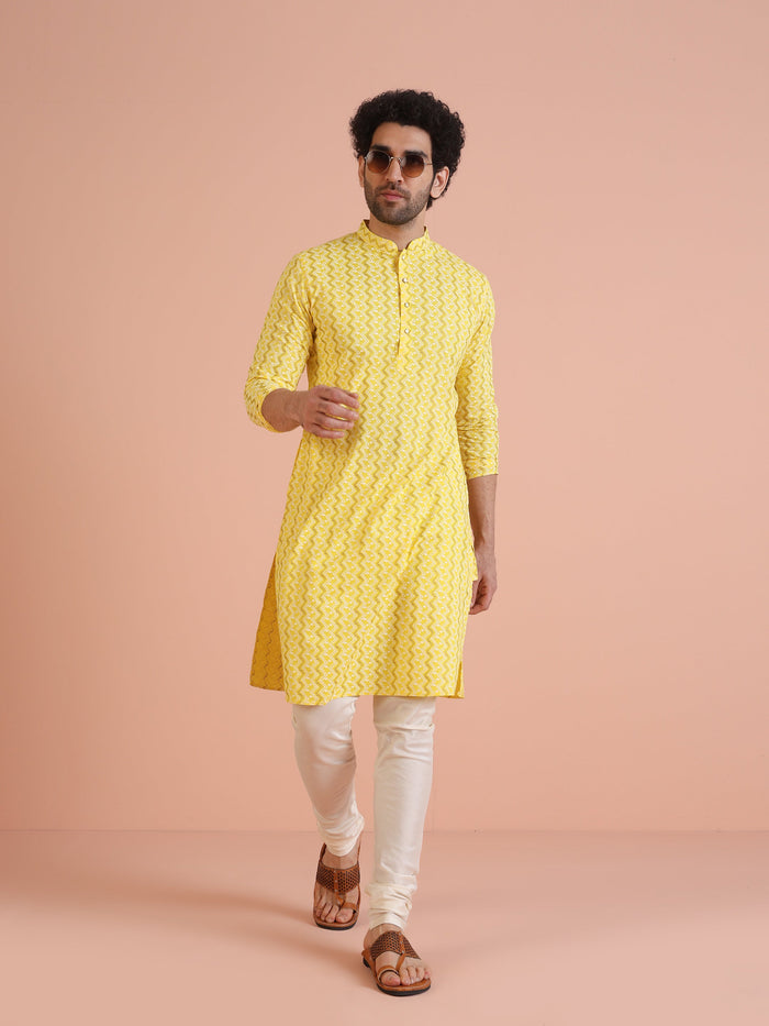 Yellow Cotton Blend Kurta Set with Geometric Woven Pattern and Cream Churidar for Festive & Wedding Ensemble