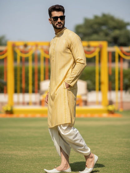 Yellow Jacquard Kurta Dhoti Set