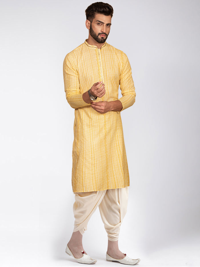 Yellow Jacquard Kurta Dhoti Set