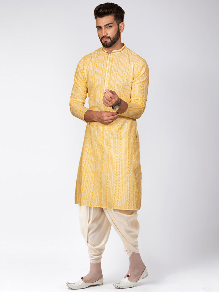 Yellow Jacquard Kurta Dhoti Set