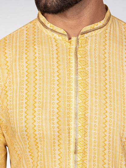 Yellow Jacquard Kurta Dhoti Set