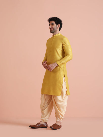 Yellow Silk Blend Jacquard Long Kurta