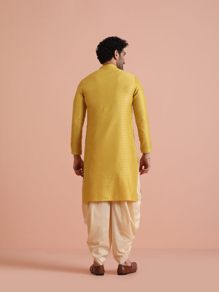 Yellow Silk Blend Jacquard Long Kurta