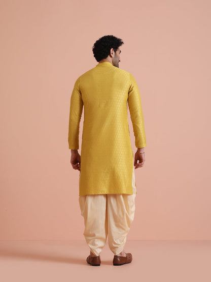Yellow Silk Blend Jacquard Long Kurta