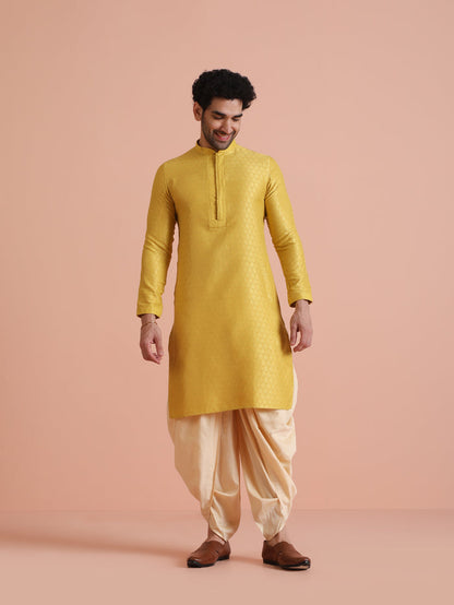 Yellow Silk Blend Jacquard Long Kurta