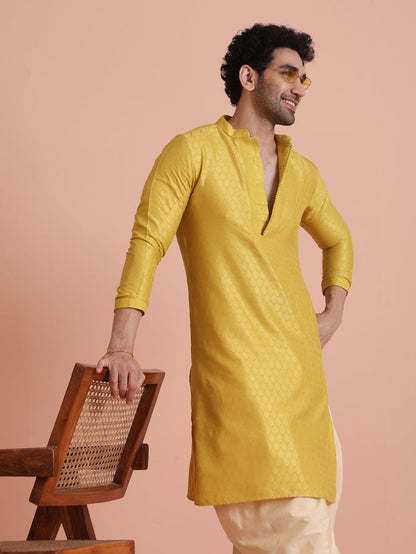 Yellow Silk Blend Kurta Dhoti Set