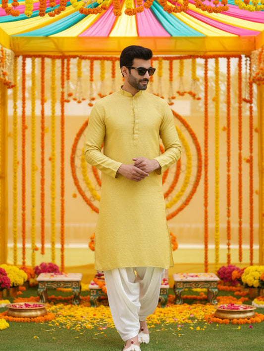 Yellow Silk Blend Kurta Patiala Set