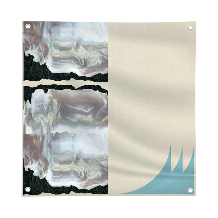 This Thirty Nights of Violence square fabric banner features two abstract iridescent rectangles on the left divided by jagged black lines, and a beige right side with a light blue wave. Includes metal grommets at each corner.
