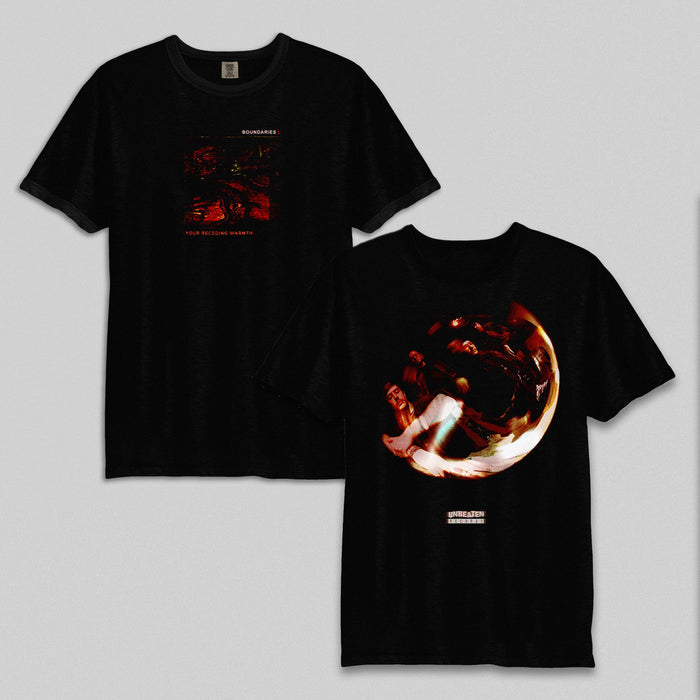 Two black Boundaries Comfort Colors T-Shirts, made of garment-dyed ring-spun cotton: the left displays a red abstract image with text, and the right features swirling orange and red graphics with small white text below.