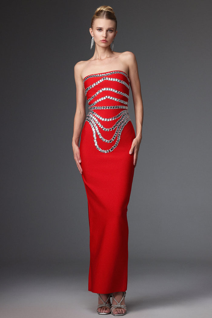 Zaria Red Strapless Crystal-Embellished Gown
