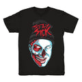 Stay Sick Clothing black t-shirt with a graphic half-human, half-skeleton face, red and blue accents, blood details, “STAY SICK” in bold red above a beanie-wearing head—pairs perfectly with Zombzilla shoes.