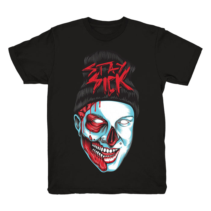 Stay Sick Clothing black t-shirt with a graphic half-human, half-skeleton face, red and blue accents, blood details, “STAY SICK” in bold red above a beanie-wearing head—pairs perfectly with Zombzilla shoes.